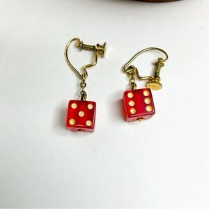 VINTAGE JAPAN Red Dice Screw Back Earrings Gold Accent – Retro Novelty